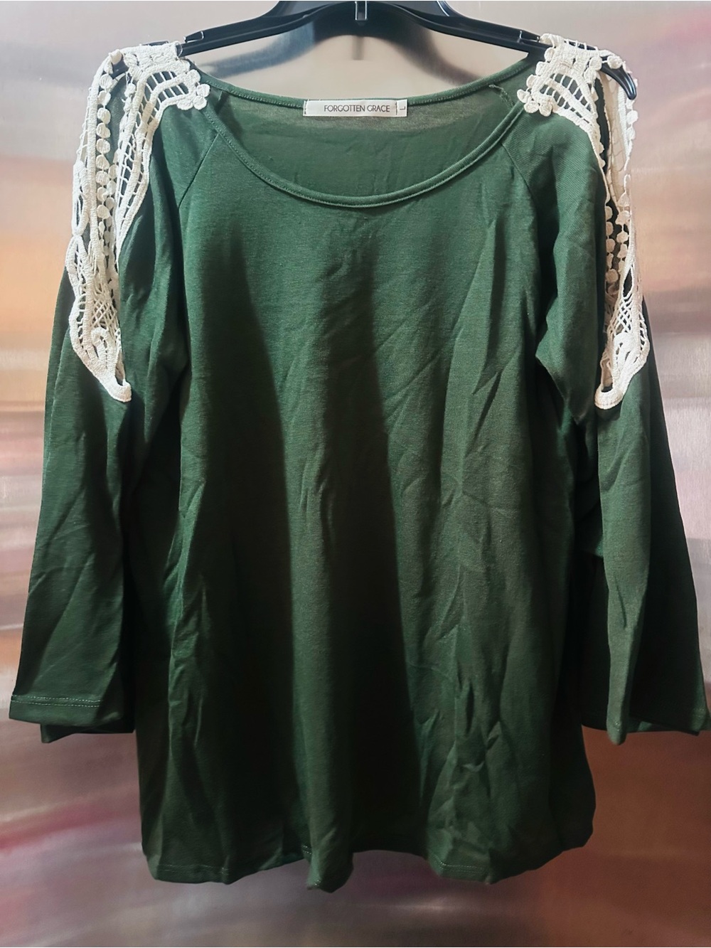 Forgotten Grace✨🖤💚🫒Olive Green Long Sleeve Top with White Crochet Shoulders